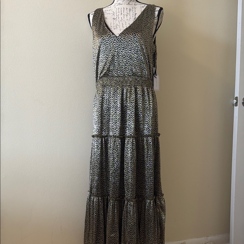 1. State Gray Silver Tiered Ruffled Maxi Dress